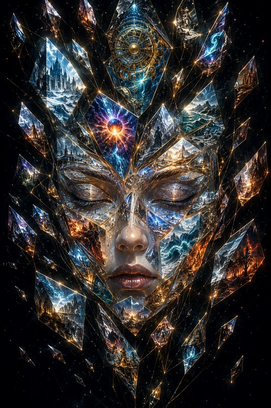 Surreal meditative woman’s face formed from glowing crystal shards holding fantasy landscapes, ca...