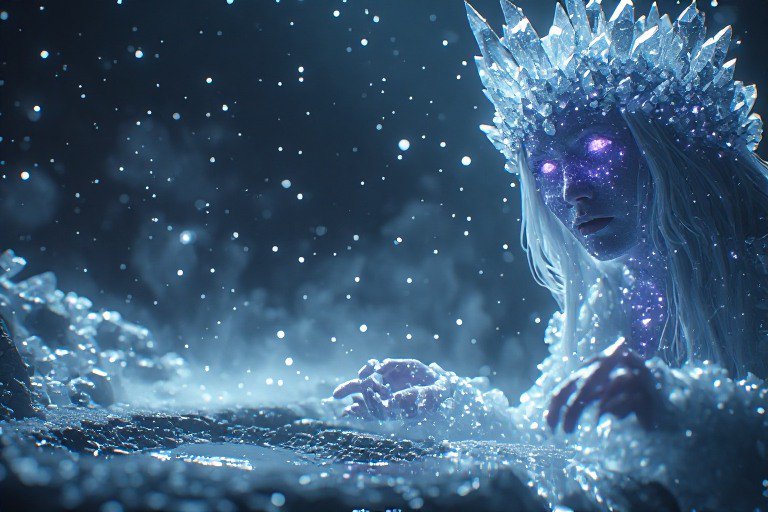 Glowing ice queen spirit with an ice crystal crown and purple eyes rests in a misty, snowy dark l...