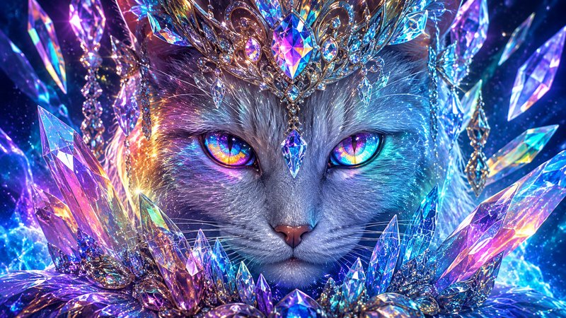 Regal mystical cat queen wearing a jeweled crystal crown, framed by iridescent blue-purple crysta...