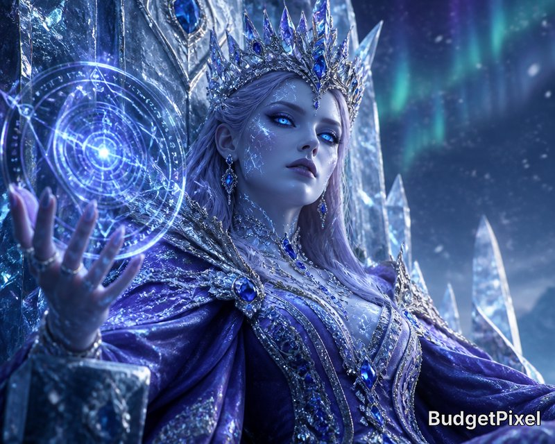 "Ice queen with a sapphire jeweled crown conjures a glowing blue magic circle, seated on an ice t...