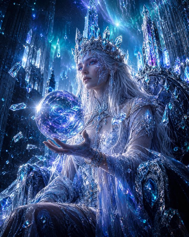 Ethereal ice queen with a crystal crown holds a glowing magical orb, seated on a crystal throne i...