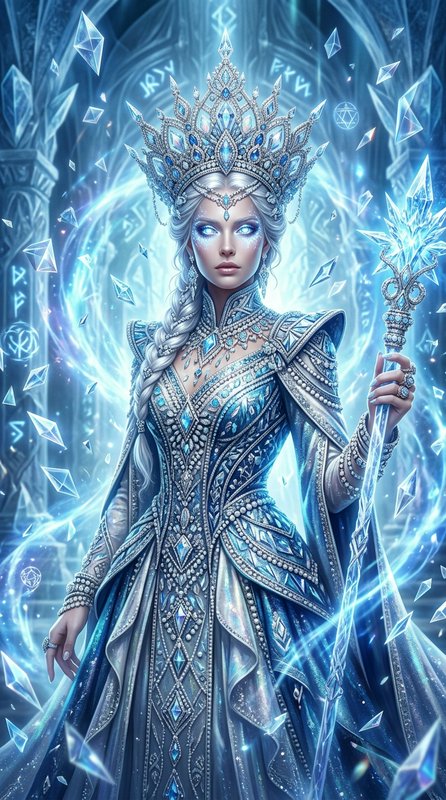 Magical ice queen with an ornate crystal crown holds an ice staff, surrounded by floating ice sha...