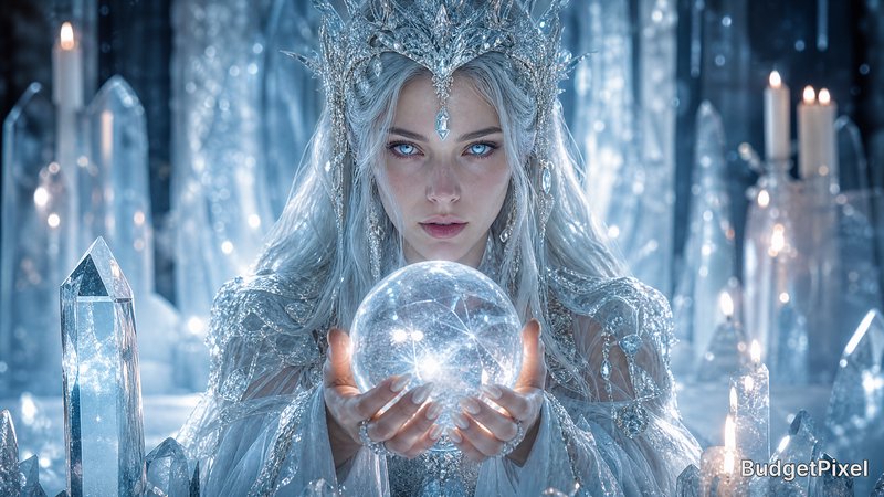 Fantasy ice queen sorceress holds a glowing crystal ball, surrounded by quartz crystals and lit c...