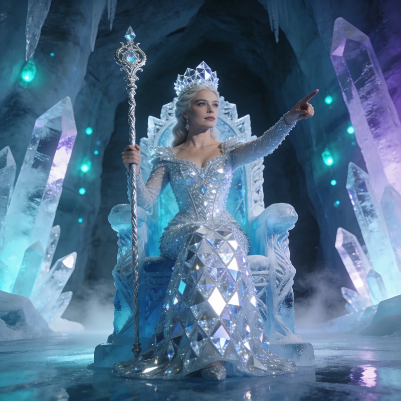 Regal Ice Queen in a sparkling crystal gown and ice crown sits on a frozen throne, holding a silv...