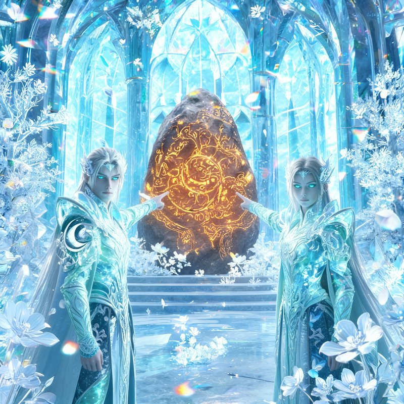 Two elven mages in glowing cyan ice armor point at a golden runestone inside a luminous Gothic cr...