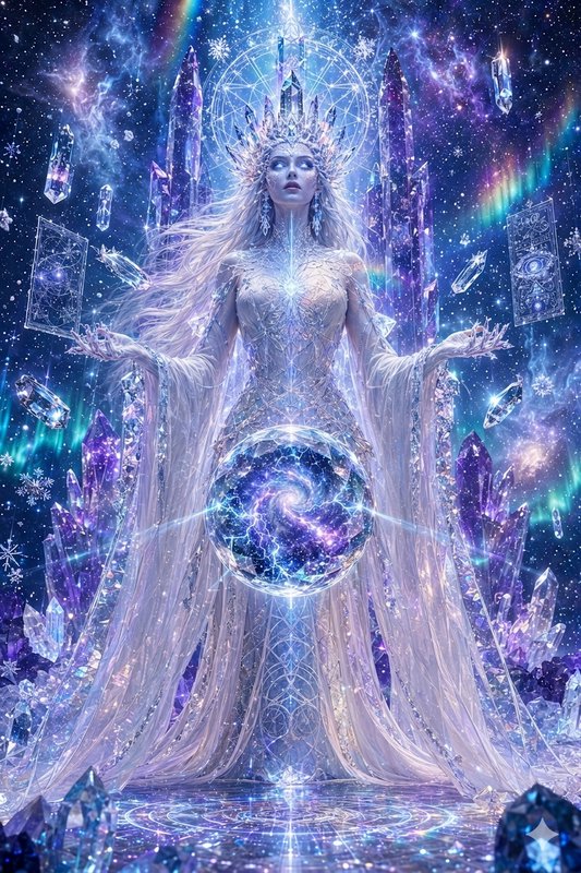 Celestial ice goddess with a crystal crown channels cosmic energy from a galactic orb, surrounded...