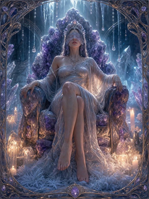 Blindfolded mystical crystal queen seated on an amethyst throne in an icy cave, framed by ornate ...