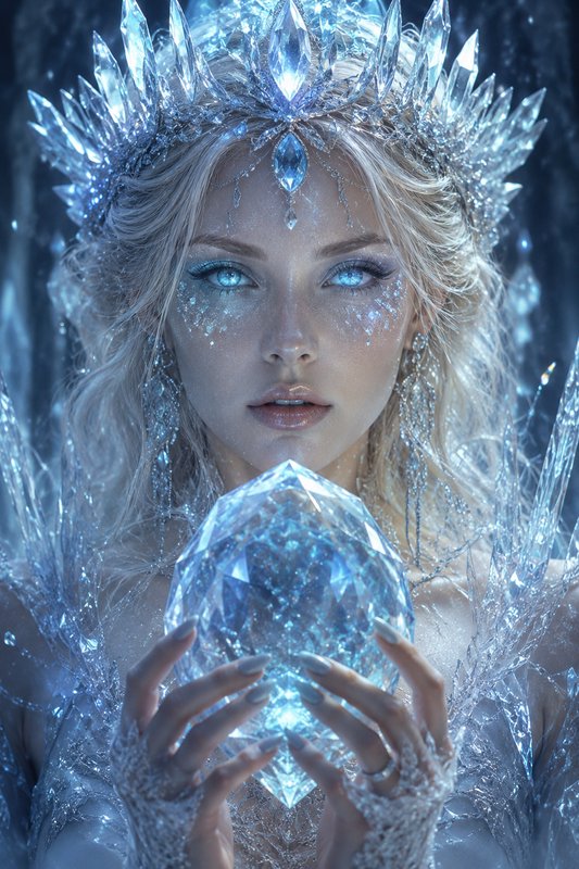 Ethereal ice queen wearing a spiked crystal crown holds a large glowing ice gem in a frosty magic...
