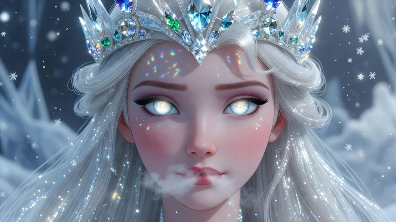 3D rendered ice queen with a jeweled crystal crown, glowing eyes, and long silver hair in a falli...