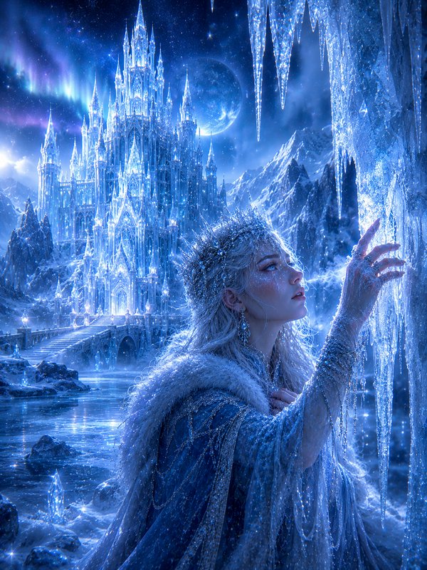 Fantasy ice queen touching icicles, with a glowing crystal ice castle, full moon, and aurora bore...