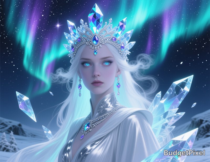 Fantasy ice queen with a jeweled crystal crown stands in an arctic landscape under a glowing auro...