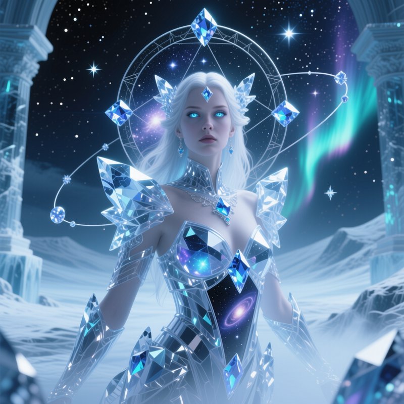 Ethereal celestial ice goddess in crystal armor stands in a frozen arctic