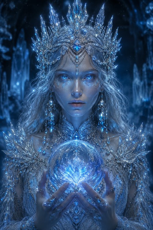 Fantasy ice queen with a spiked crystal crown holds a glowing blue crystal orb in a dark frozen i...