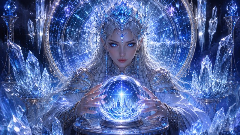 Elven ice sorceress with a blue crystal crown channels magic over a glowing celestial crystal bal...