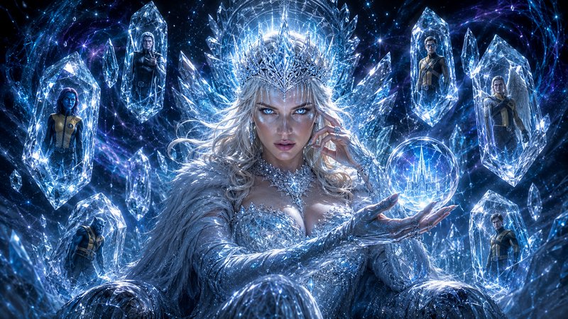 Marvel's White Queen Emma Frost, clad in icy crystal regalia, stands with X-Men heroes trapped in...