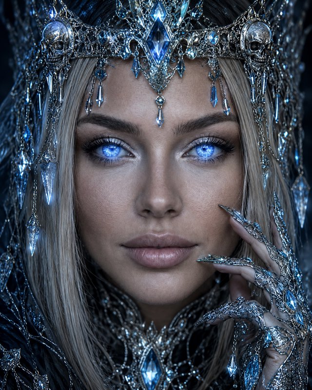 Close-up portrait of a dark fantasy ice queen with glowing blue eyes, crystal skull crown, and je...