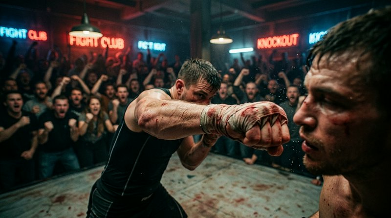 Two male fighters in an underground warehouse fight club; a blood