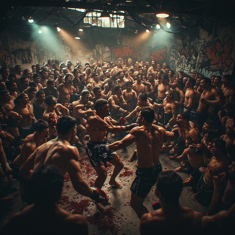 Gritty underground warehouse fight club: two MMA fighters brawl in a fight pit, surrounded by a l...