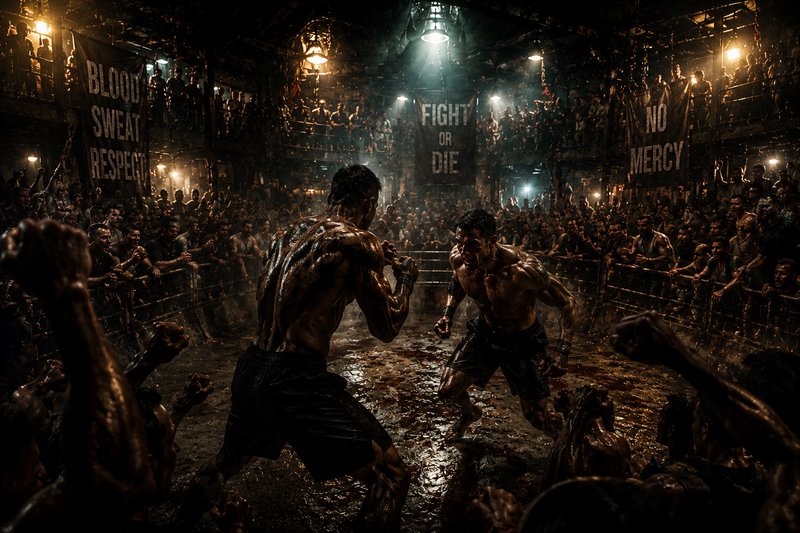 Two muscular fighters square off in a gritty underground fight ring, as a crowd of spectators che...