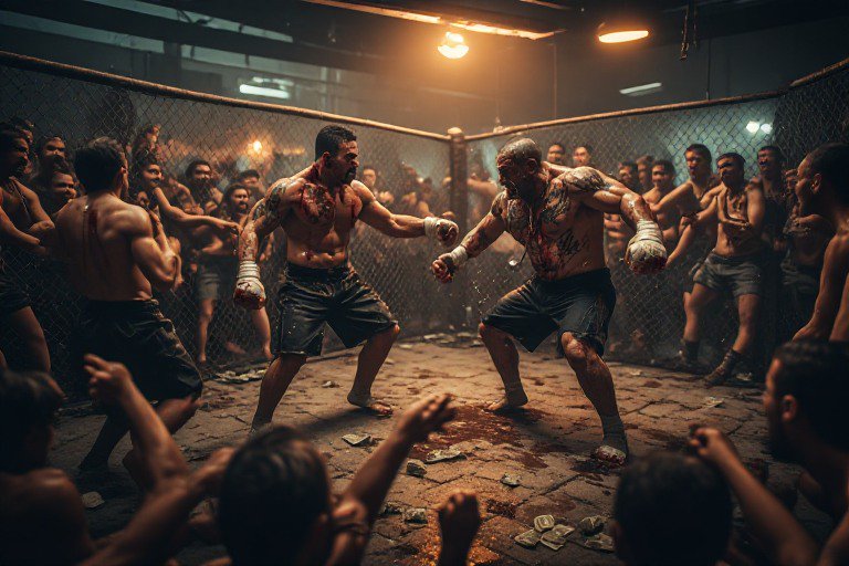 Two bloodied tattooed fighters brawl in an underground chain-link cage fight, as a cheering crowd...