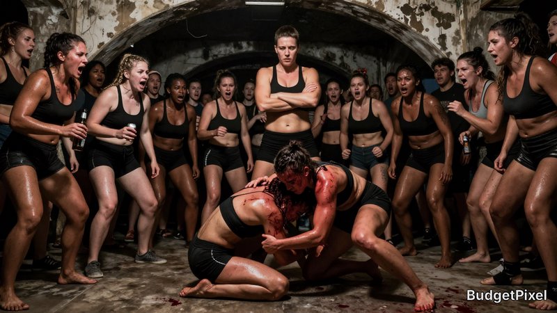 Two bloodied female fighters grapple in a gritty underground tunnel, as a crowd of athletic women...