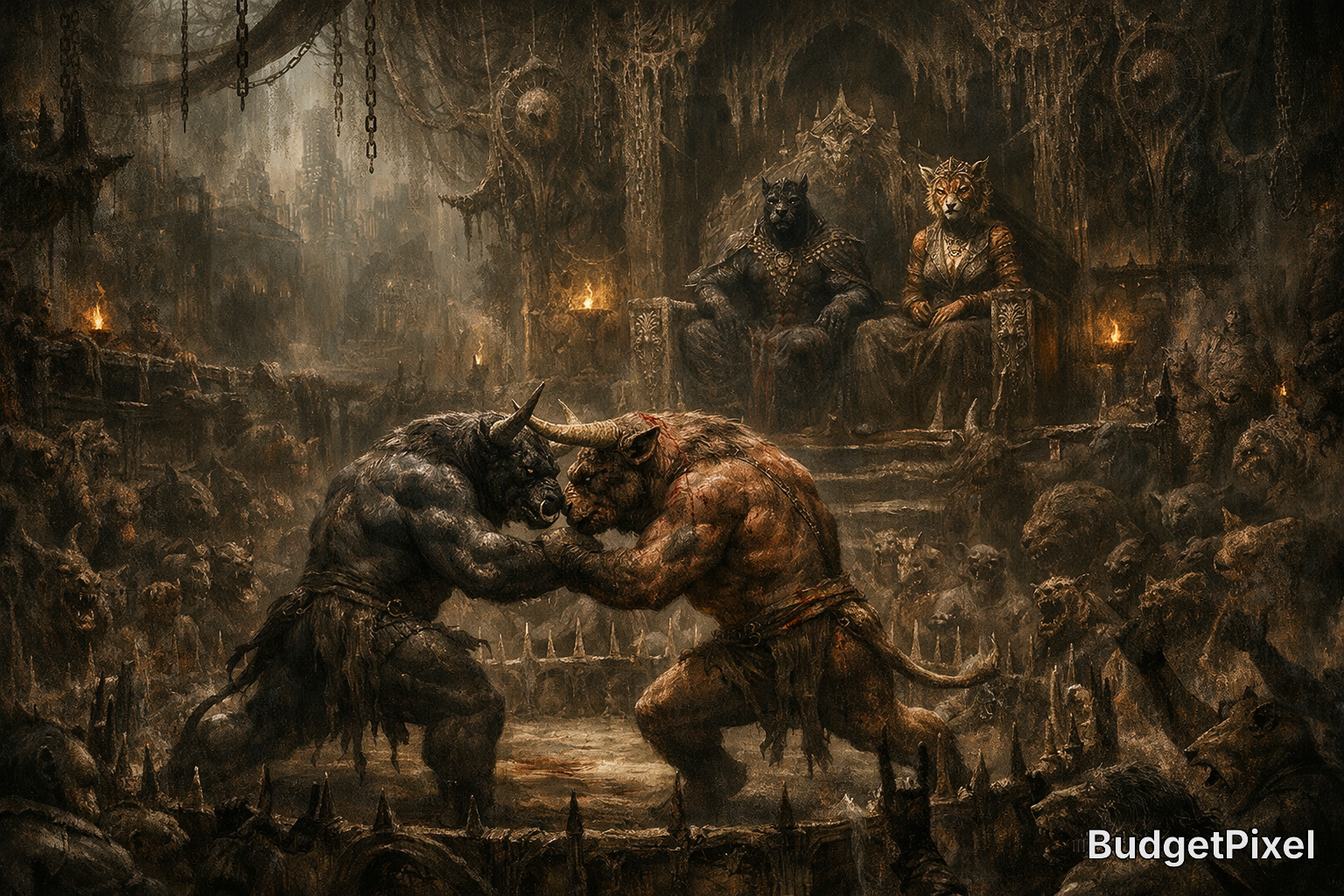 Gritty dark fantasy gladiator arena: two minotaur fighters clash, as anthro panther and lion monarchs watch from thrones, ...