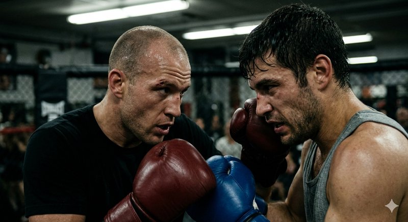 Intense close-up of two sweaty male boxers sparring face-to-face in an indoor fight gym, wearing ...