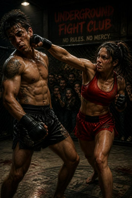 A female MMA fighter lands a punch on her male opponent inside a gritty underground fight club ca...