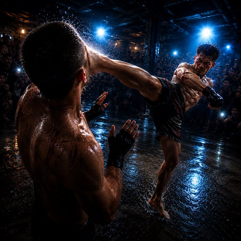 "A Muay Thai fighter lands a powerful high kick on his opponent during an intense underground war...