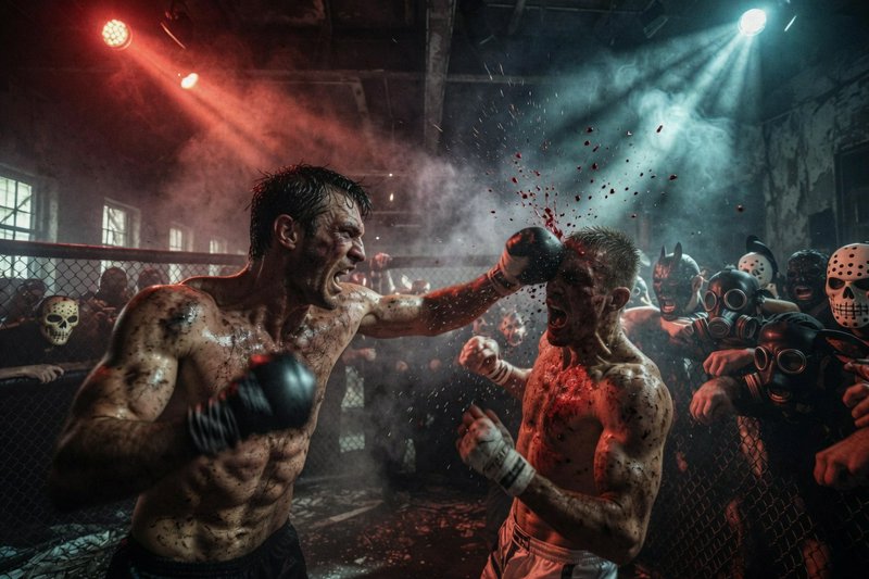 Two shirtless male boxers clash in an underground cage fight, one landing a punch that sprays blo...