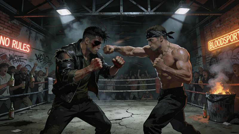 Two fighters battle in an underground no-rules warehouse fighting ring, a cheering crowd watches,...