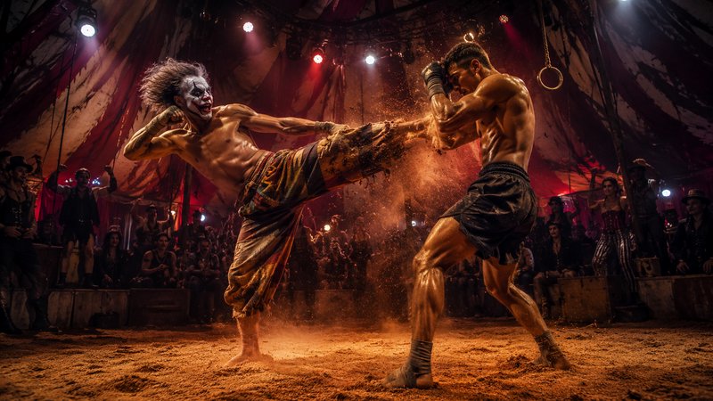 A fighter in Joker face paint lands a high kick on an opponent during a gritty underground martia...