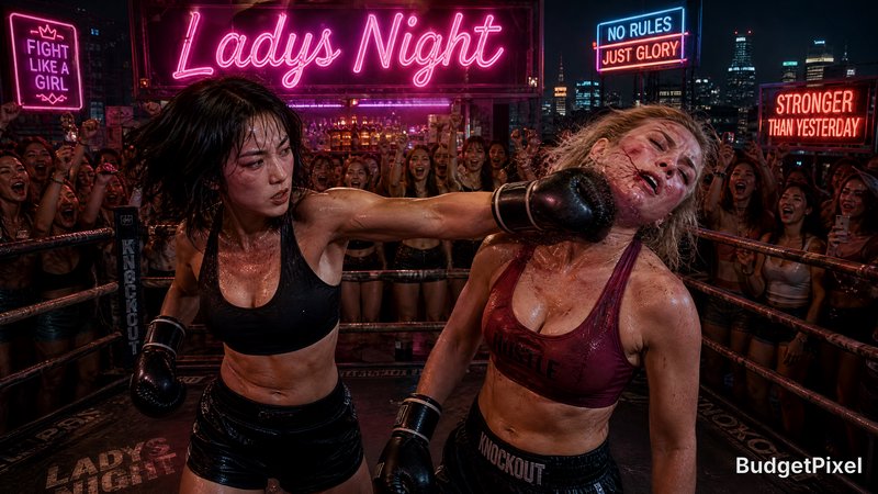 Two female boxers fight in an underground neon-lit boxing ring, one landing a punch on her oppone...
