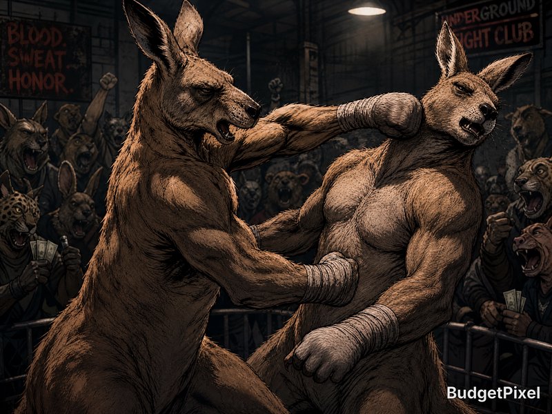 Two muscular anthropomorphic kangaroos boxing in an underground animal fight club, with a crowd o...