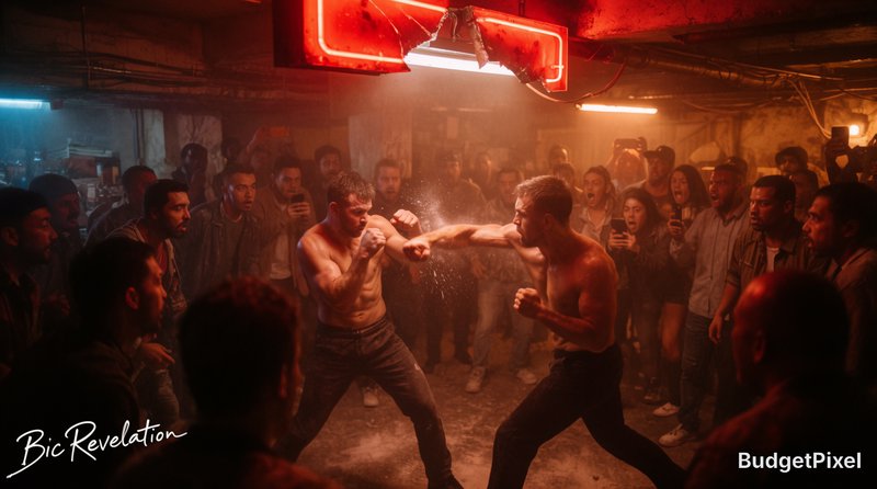 Two shirtless men compete in an underground bare-knuckle fight, circled by spectators under a bro...