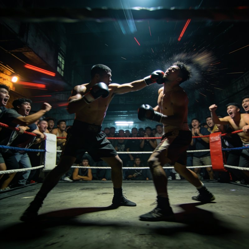 Two male boxers compete in an underground warehouse ring, one landing a knockout punch as cheerin...