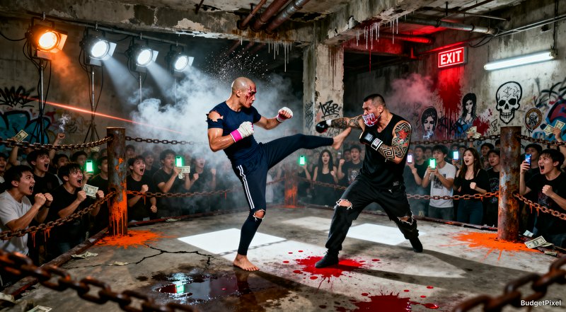 Two MMA fighters battle in an underground warehouse fight club, a
