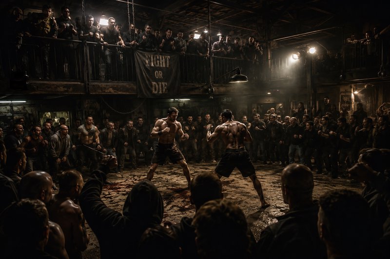 Two shirtless male fighters square off in an underground warehouse fight ring, with a cheering cr...