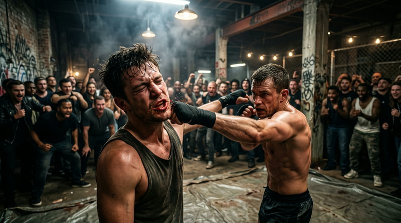 Two fighters compete in an underground warehouse bare-knuckle boxing match, as a cheering crowd w...