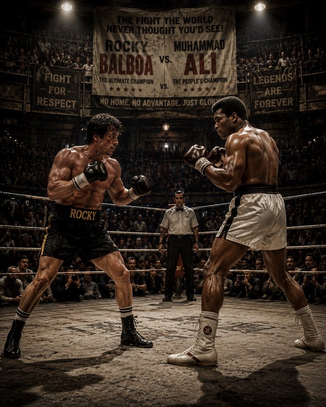 Gritty fantasy boxing match between legends Rocky Balboa and Muhammad Ali in a vintage ring, with...