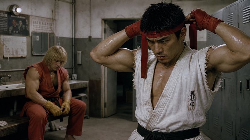 Live-action Ryu ties his red martial arts headband in a gritty locker room, with Street Fighter’s...