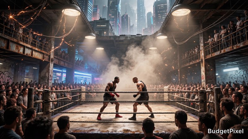 Two boxers square off in a makeshift underground warehouse fighting ring, crowds watch on, with a...