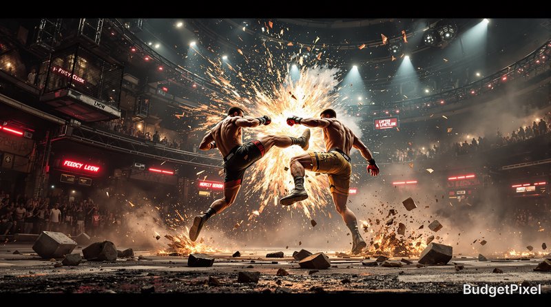 Two muscular MMA fighters collide mid-air in an underground fight arena, with a dramatic fiery ex...