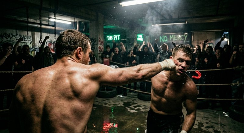 Two shirtless bare-knuckle boxers compete in an underground warehouse ring, as a crowd watches on...