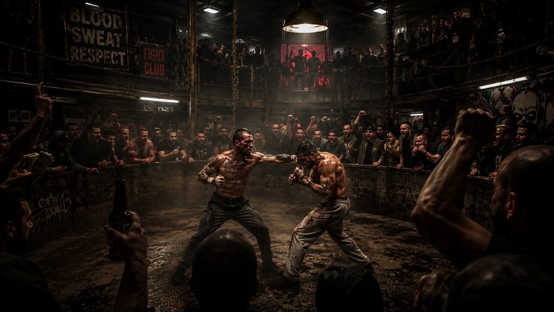 Two bloodied shirtless fighters brawl in a gritty underground fight pit, as a cheering crowd watc...