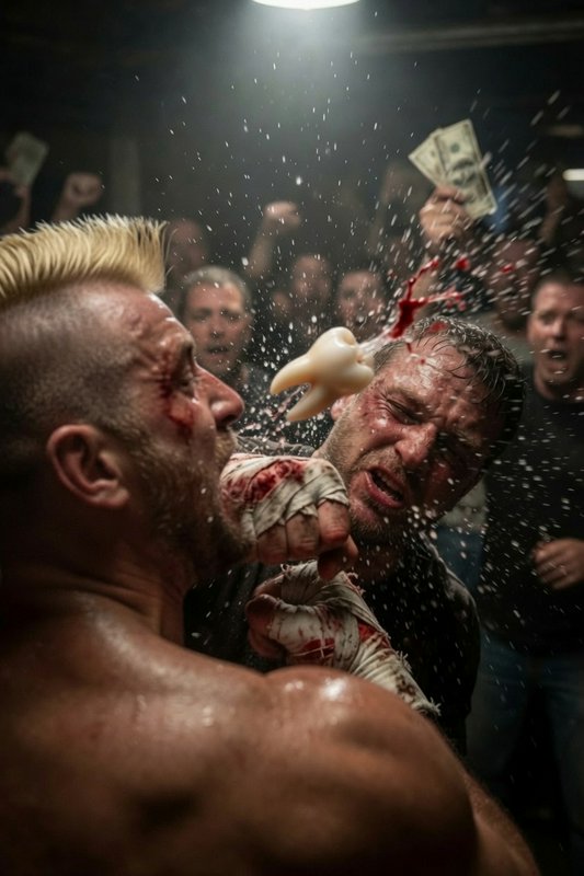 Gritty underground bare-knuckle fight: a mohawk-clad fighter lands a punch that sends a tooth fly...