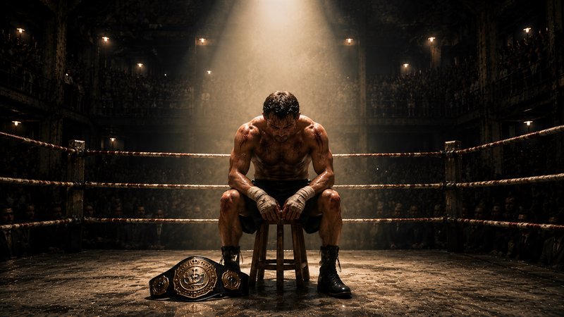 Exhausted bruised male boxer sits on a ring stool, his gold championship belt at his feet, under ...