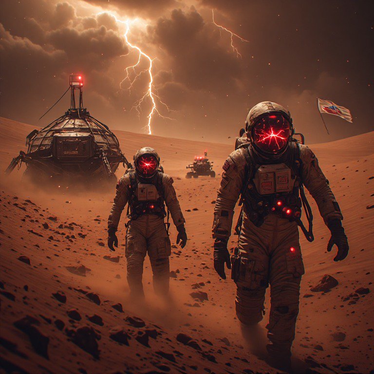 Two astronauts with glowing red visors traverse a stormy red desert alien planet, with a lander, ...