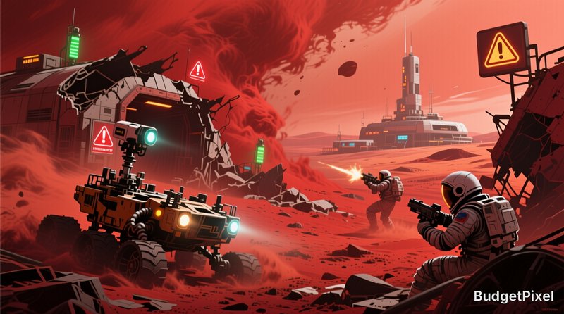 Two armed astronauts defend a damaged Mars outpost alongside an illuminated rover, as a massive r...
