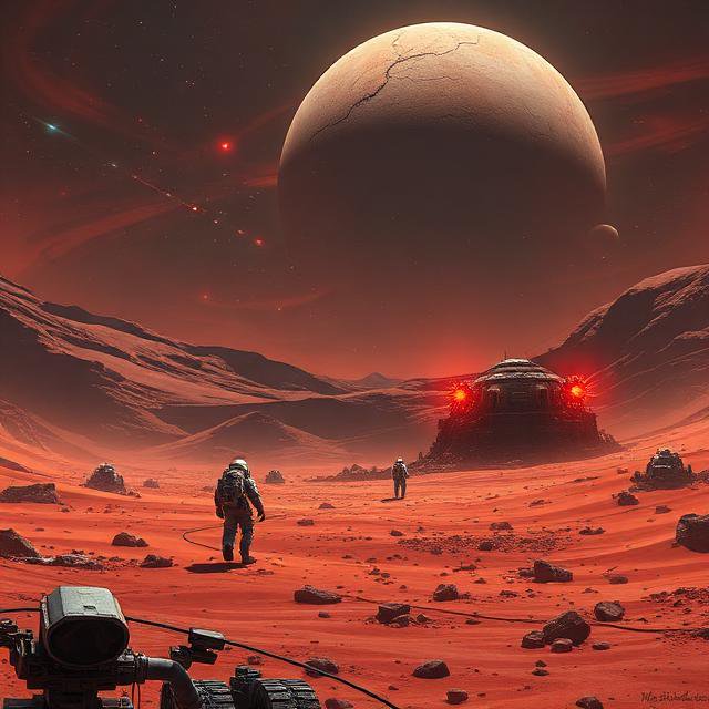 Two astronauts traverse a rust-red alien Martian-like planet’s surface, with a large cracked moon...